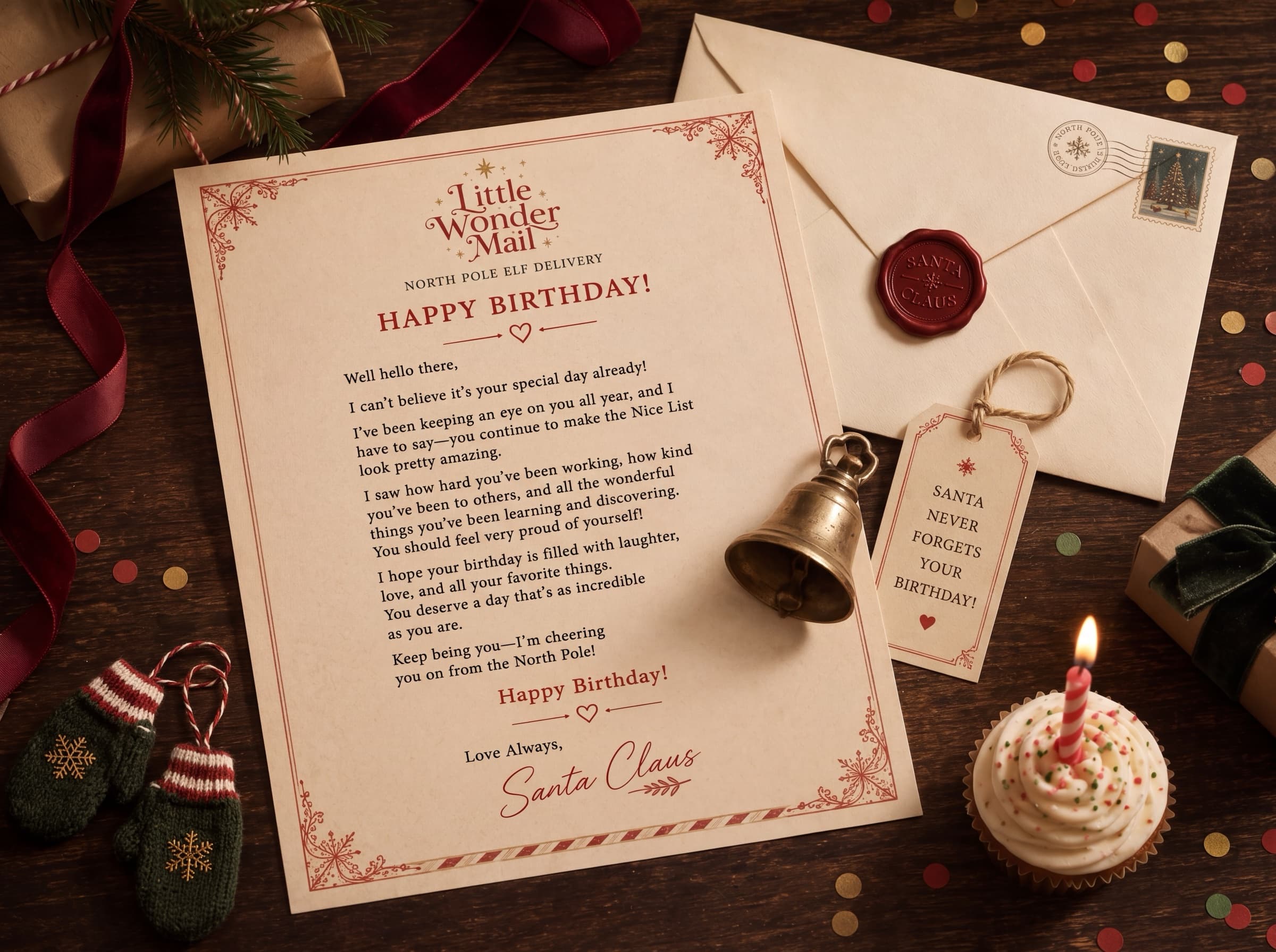 Santa Birthday Check-In — printed letter and envelope