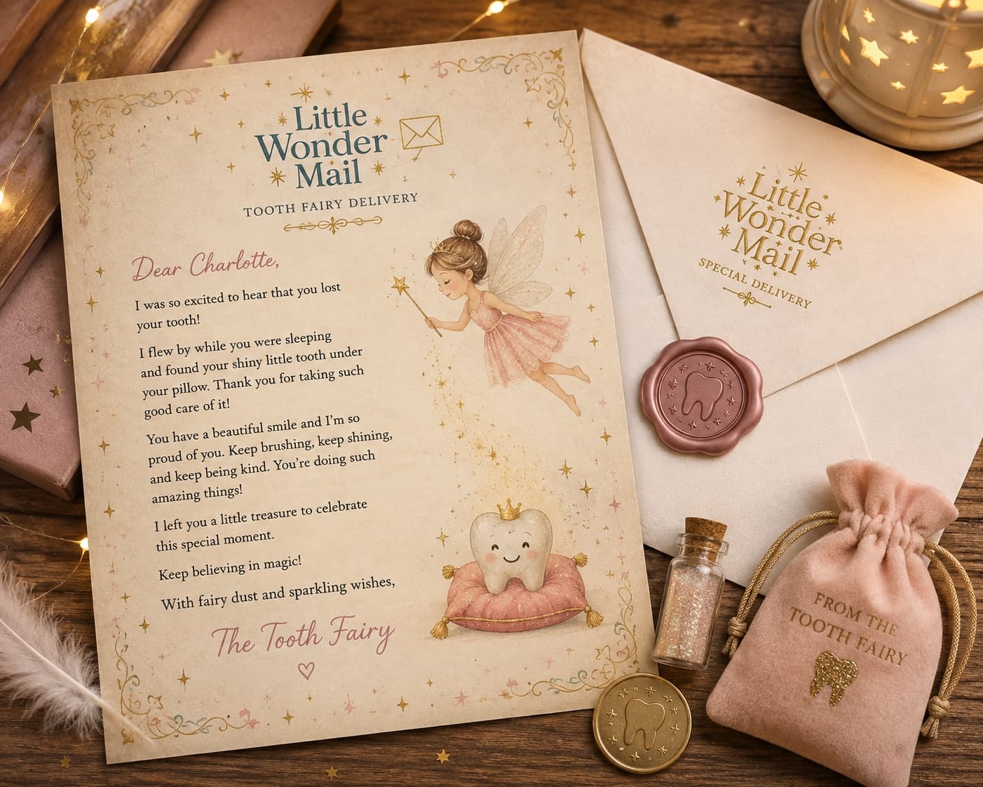 Tooth Fairy Letter + Keepsake Tooth Pouch — printed letter and envelope